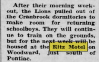 Ritz Motel - 1962 Detroit Lions Stayed There